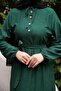 Emerald Green Belted Sleeve Elasticated Corded Fabric Dress - 2