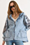 Women's Light Blue Hooded Oversize Denim Jacket with Pockets and Sequins on Back and Sleeves CKT-19000504 - 4