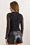 Women's Black Sequined Drape Detailed Lined Stylish Tulle Blouse Blz-19003190 - 2