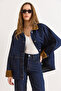 Women's Navy Blue Collar Cuff Velvet Detailed Oversized Denim Jacket Ckt-19000502 - 2