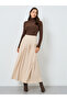 Beige Solid A-Line Pleated Maxi Skirt