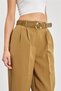 Belted Pleated Palazzo Fabric Women's Trousers - Khaki - 4
