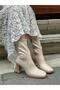 Beige Skin Stretch (Memmy) Blunt Toe Women's Heeled Boots - 3