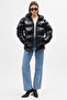 Women's Shiny Fabric Patent Leather Look Black Inflatable Coat Waterproof and Windproof