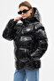 Women's Shiny Fabric Patent Leather Look Black Inflatable Coat Waterproof and Windproof - 5