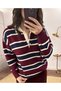 Burgundy Striped Polo Neck Buttoned Women's Knitwear Sweater - 7