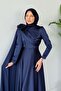 Satin Evening Dress with Scarf Navy Blue - 4