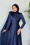 Satin Evening Dress with Scarf Navy Blue - 2