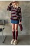 Burgundy Striped Polo Neck Buttoned Women's Knitwear Sweater - 5