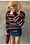 Burgundy Striped Polo Neck Buttoned Women's Knitwear Sweater - 6