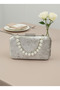 Beige Silver and Pearl Detailed Luxury Wavy Velvet Women's Evening Dress Bag Wedding Engagement Graduation - 4