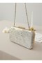 Beige Gold Pearl Detailed Luxury Wavy Velvet Women's Evening Dress Bag Wedding Engagement Graduation - 6