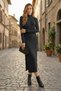 Women's Anthracite Slit Turtleneck Corded Fabric Ribbed Knit Midi Length Dress - 4