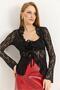 Women's Long Sleeve Front Tie Lace Black Blouse