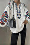 Women's White-Collared Tasseled Balloon Sleeve Embroidered Cotton Blouse - 3