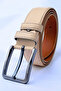 Genuine Leather Men's Belt 3.5 cm Stitched Beige Classic Fabric Trouser Belt