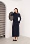 Boat Neck Shimmer Detailed Draped Sandy Evening Dress - 6