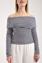 Women's Off-The-Shoulder Striped Corded Fabric Transitional Long Sleeve Slim Fit Blouse with Stretchy Comfortable Fabric 3018 - 5