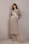 Mink/Beige Long Sleeve Crew Neck Embossed Patterned Cashmere Women's Knitwear Dress - 2