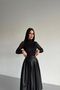 Turtleneck Belted Skirt Leather Laced Black Dress - 4