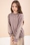 Beige Striped Detail Wide Leg Embroidered Girls' Oversized Tracksuit Set 23456 - 3