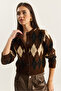 Women's Brown Diamond Patterned Crew Neck Cardigan 20251098 - 4