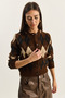 Women's Brown Diamond Patterned Crew Neck Cardigan 20251098 - 5