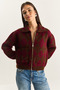Women's Brown Claret Red Diamond Patterned Collared Zippered Knitwear Cardigan 20251099 - 5