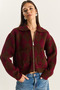 Women's Brown Claret Red Diamond Patterned Collared Zippered Knitwear Cardigan 20251099