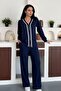 Women's V-Neck Zippered White Striped Detail Pocket Modal Set - 4