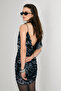 Suave Women's Degaje Collar Flexible Tulle Fabric Gathered Sides Black Patterned Dress with Back Chain Detail - 6