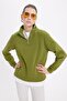 Women's Relax Fit Comfortable Cut Cotton Fleece Lined Half Zipper Khaki Stand Collar Sweatshirt - 2