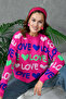 Women's Crew Neck Love Knitted Patterned Terry Fabric Knitwear Sweater 10469 - 2
