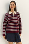 Women's Burgundy Polo Collar Striped Basic Knitwear Sweater 20258061 - 3