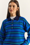 Women's Cobalt blue Polo Collar Striped Basic Knitwear Sweater 20258061 - 6