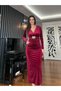 Burgundy Floral Belted Long Velvet Dress