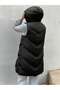 Women's Black Long Puffer Vest with Hood and Side Zipper Detail, Winter - 8