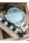 Numbered Silver Steel Cord Blue Dial with Calendar Men's Wristwatch+Bracelet - 3