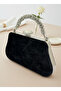 Black Silver Stone Handle Detailed Luxury Wavy Velvet Women's Evening Dress Bag Wedding Engagement Graduation - 2