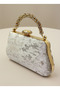 Luxury Wavy Velvet Women's Evening Dress Bag with Beige Gold Stone Handle Detail - 3