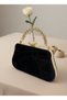 Black Gold Stone Handle Detailed Luxury Wavy Velvet Women's Evening Dress Bag Wedding Engagement Graduation - 3