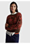 Women's dark brown wool blend patterned ribbed detailed crew neck sweater
