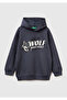 Boy's Dark Gray Front Printed Low Shoulder Hooded Sweatshirt