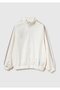 Girl's Ecru Logo Label Zippered Raglan Sleeve Mock Neck Sweatshirt