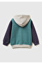 Boy's Dark Green-Grey Front Logo Printed Zippered Regular Fit Hooded Sweatshirt - 2