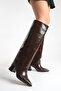 Bitter Brown Patent Leather Women's Boots 6 cm Heeled Pointed Toe Zippered - 4
