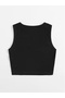 Women's Corded Fabric Crop Blouse Crew Neck Undershirt Black