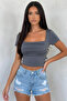 Short Sleeve Crop Blouse with Drawstring at the Chest, Anthracite - 2