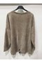 Women's Mink Italian Varaklı Low Sleeve O Oversized Loose Velvet Blouse - 2