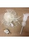 Set of 3 Ecru Polka Dot Bridal Cap Wedding Hat Voilet Groom Collar Flower and Feather Pen - 2